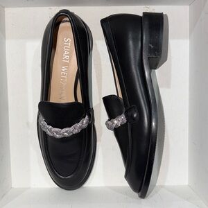 🔥🔥🔥Stuart Weitzman Palmer Crystal-Braid Black Leather Calfskin Loafers